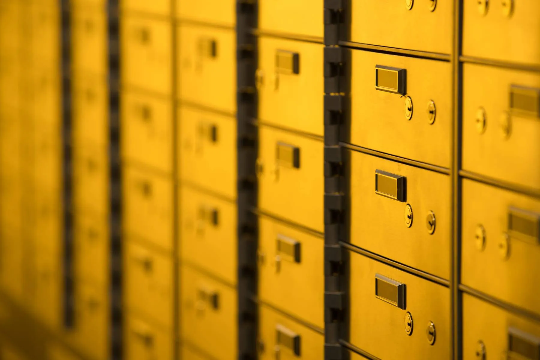 Rows of brass safety deposit boxes inside the Fortis Vaults vault
